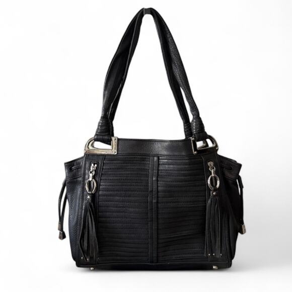 B. MAKOWSKY Black Pebbled Leather Hobo Shoulder Bag Double Handle Fringe Tassels - Picture 1 of 10